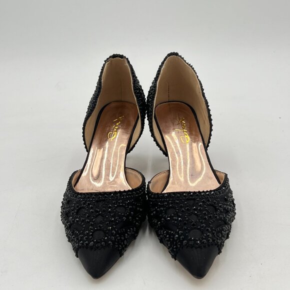 XYD Black Elegant Pointed Toe D'Orsay Kitten Heel Rhinestone Studs Pumps - Picture 3 of 8